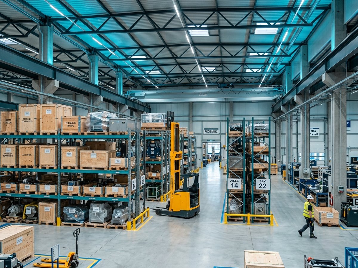 Organized B2B machinery warehouse and distribution center